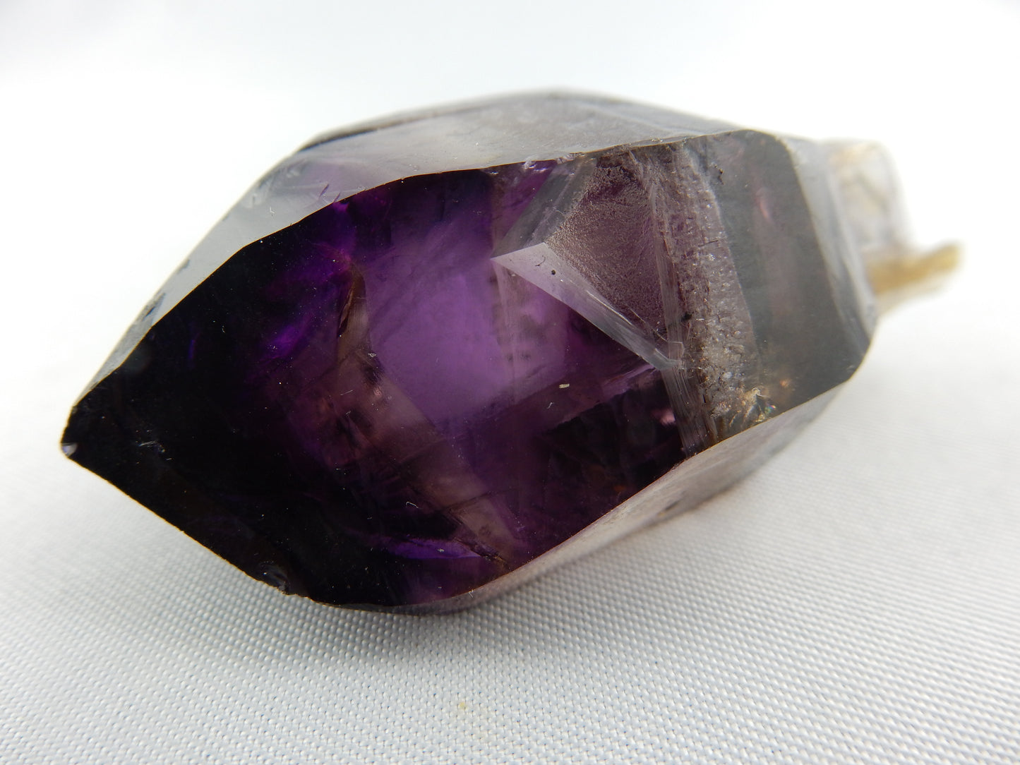 gemmy double-terminated Amethyst - deep purple on both tips and clear in centre - interesting natural faces - with citrine stalk of scepter
