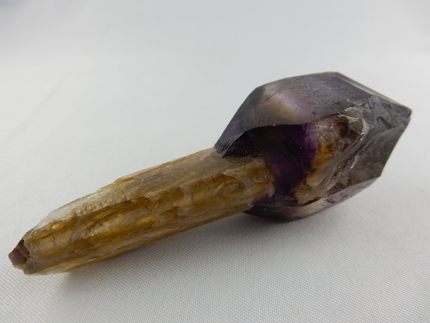gemmy double-terminated Amethyst - deep purple on both tips and clear in centre - interesting natural faces - with long complete citrine stalk of scepter