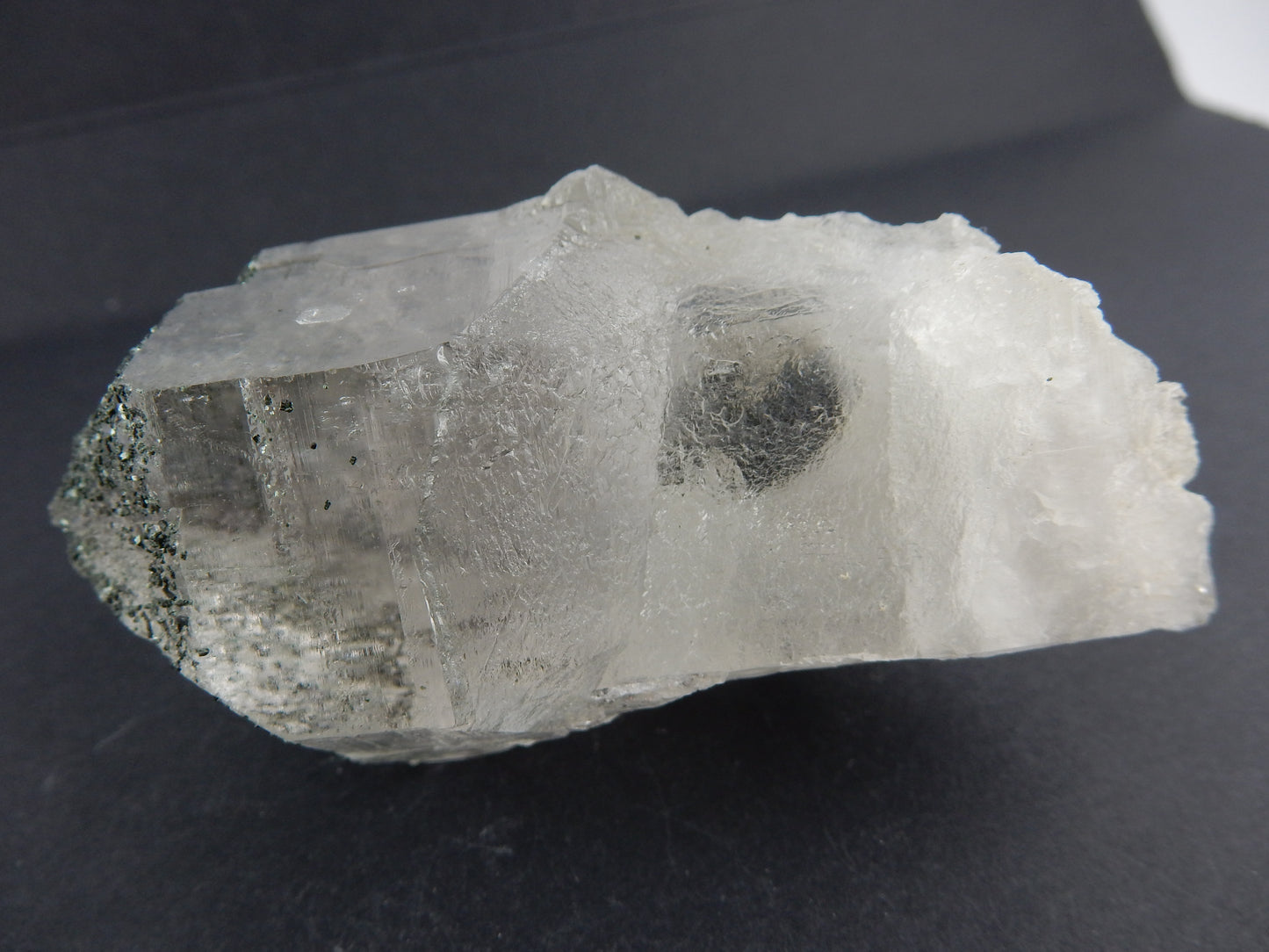 incredibly clear-gemmy single Swiss Quartz (clearest in world) with sparkly chlorites dusted on tip only