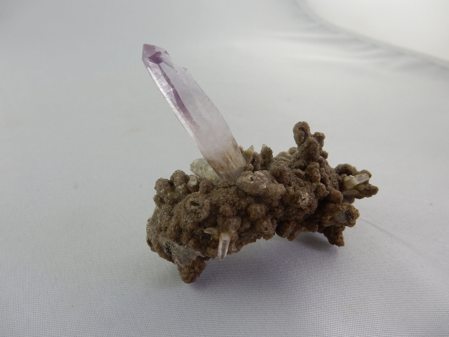 Single gemmy point with typical purple tip - on bed of muscovite/quartz