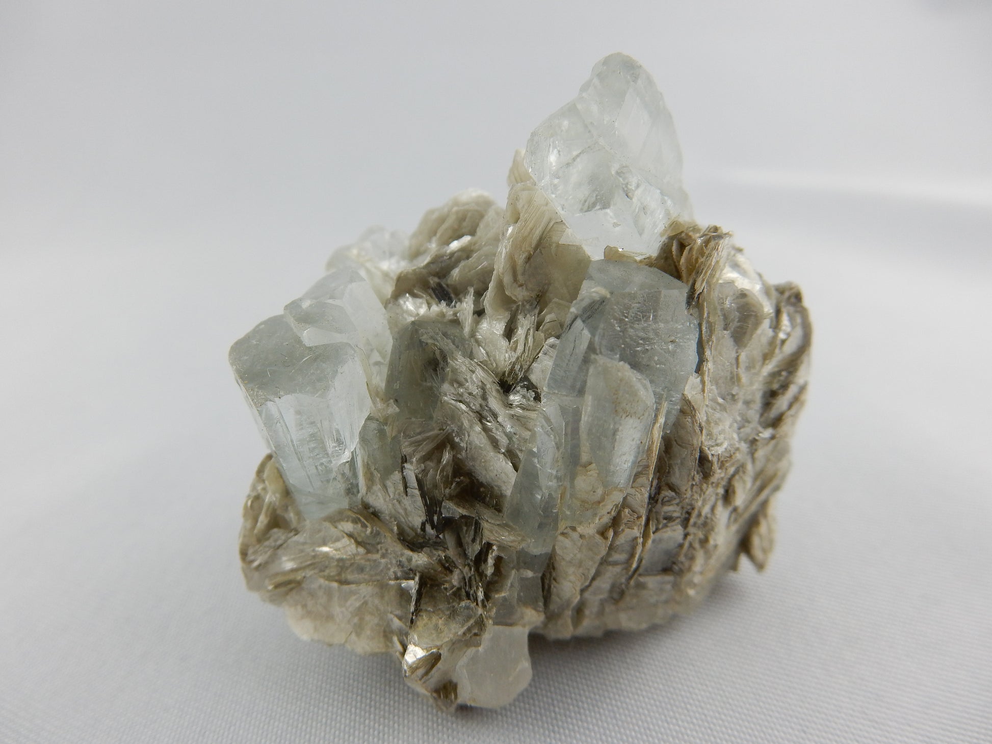 gemmy sky-blue, 5 x terminated Aquamarine crystals on bed of muscovite