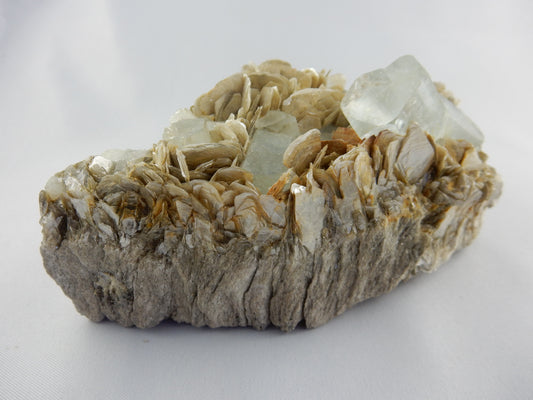 Aquamarine cluster - sky-blue multiple x 10 perfectly terminated aquas on a nice bed of sparkly muscovite, nice presented