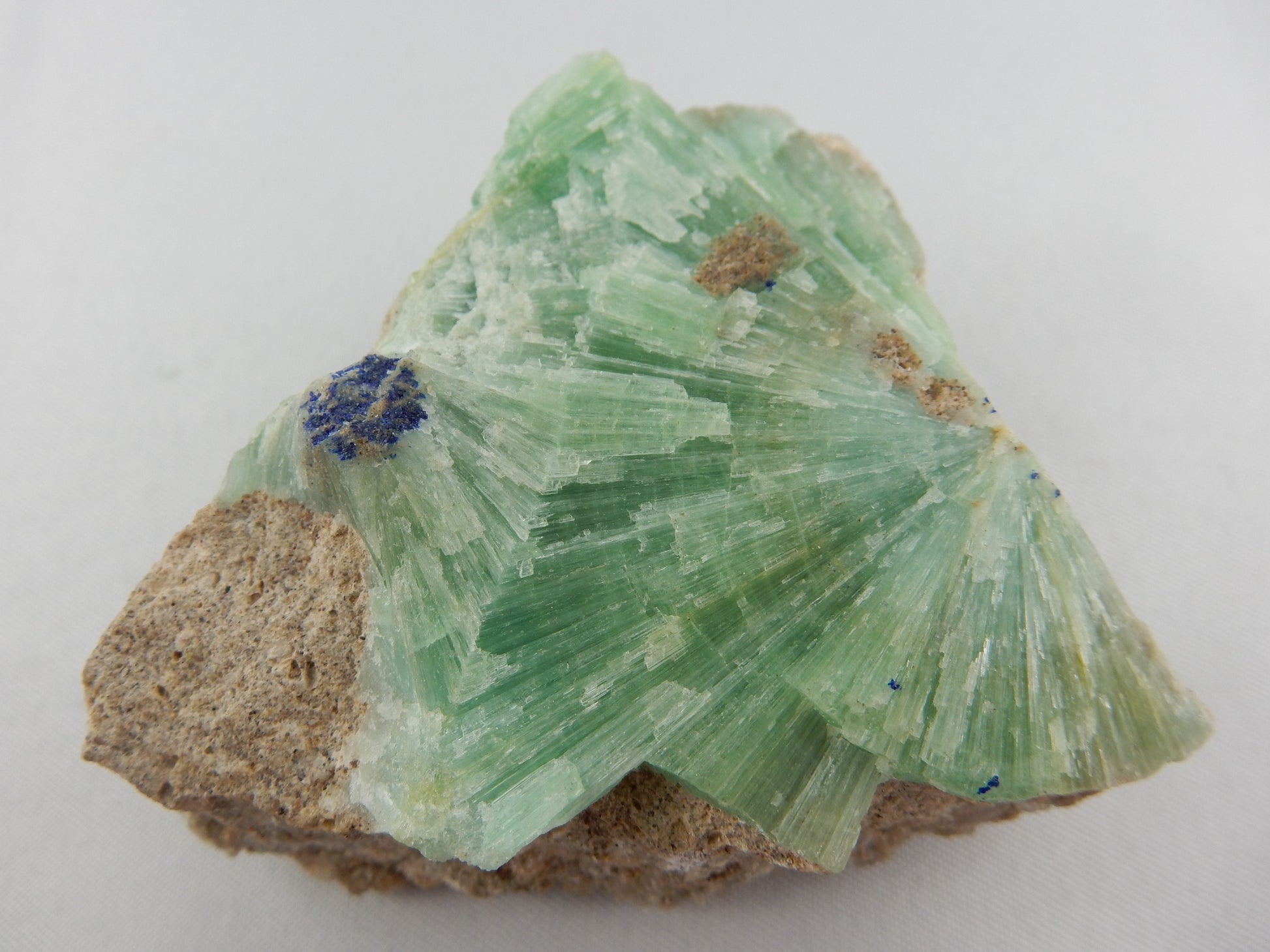 radiating Green Sprays with Azurite flower! - gemmy round sparkles of aragonite on matrix of calcite