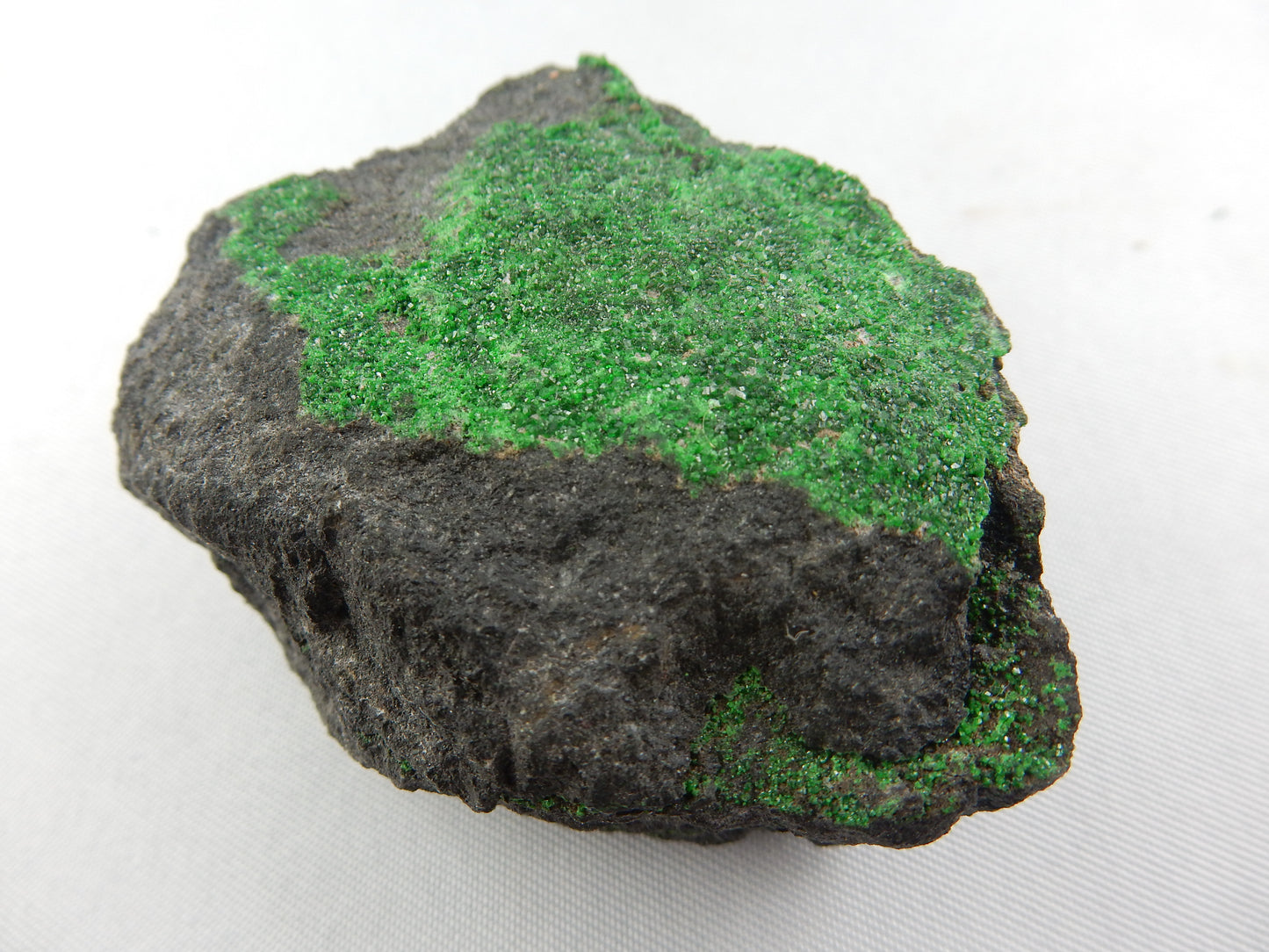 Sparkly bright deep emerald green druse of Uvarovite garnet on a contrasting dark matrix