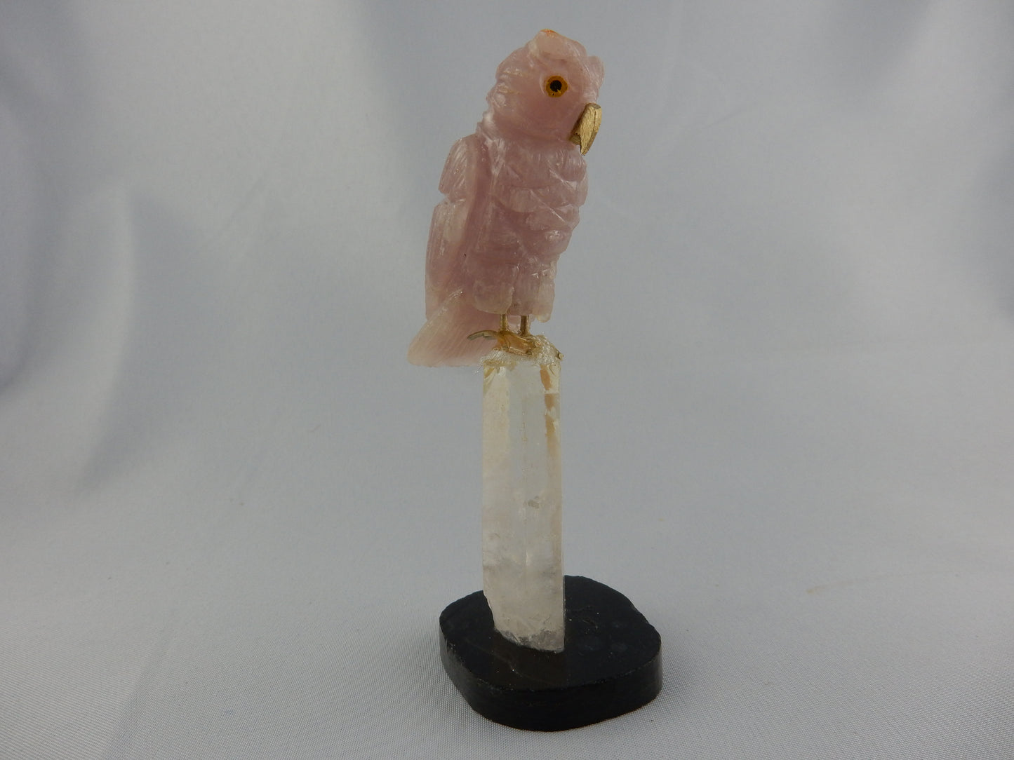 gemmy carved rose quartz owl - perched on a citrine quartz pedestal