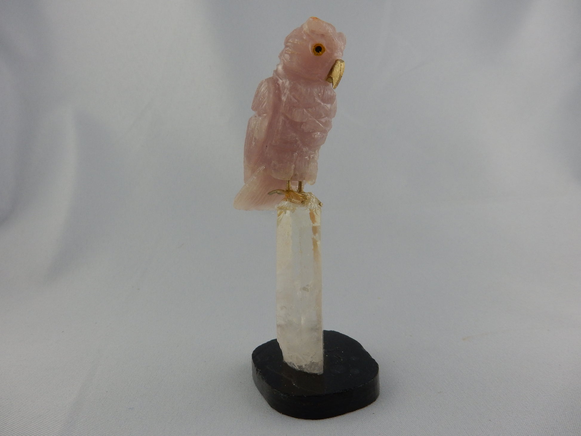 gemmy carved rose quartz owl - perched on a citrine quartz pedestal