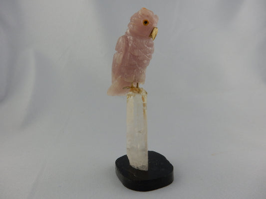 gemmy carved rose quartz owl - perched on a citrine quartz pedestal