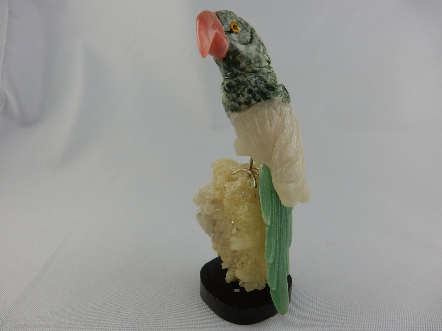 handsome rose quartz beak, green agate/quartz body and green adventurine tail - perched on sparkly citrine base