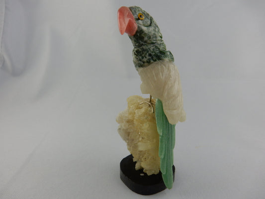 handsome rose quartz beak, green agate/quartz body and green adventurine tail - perched on sparkly citrine base