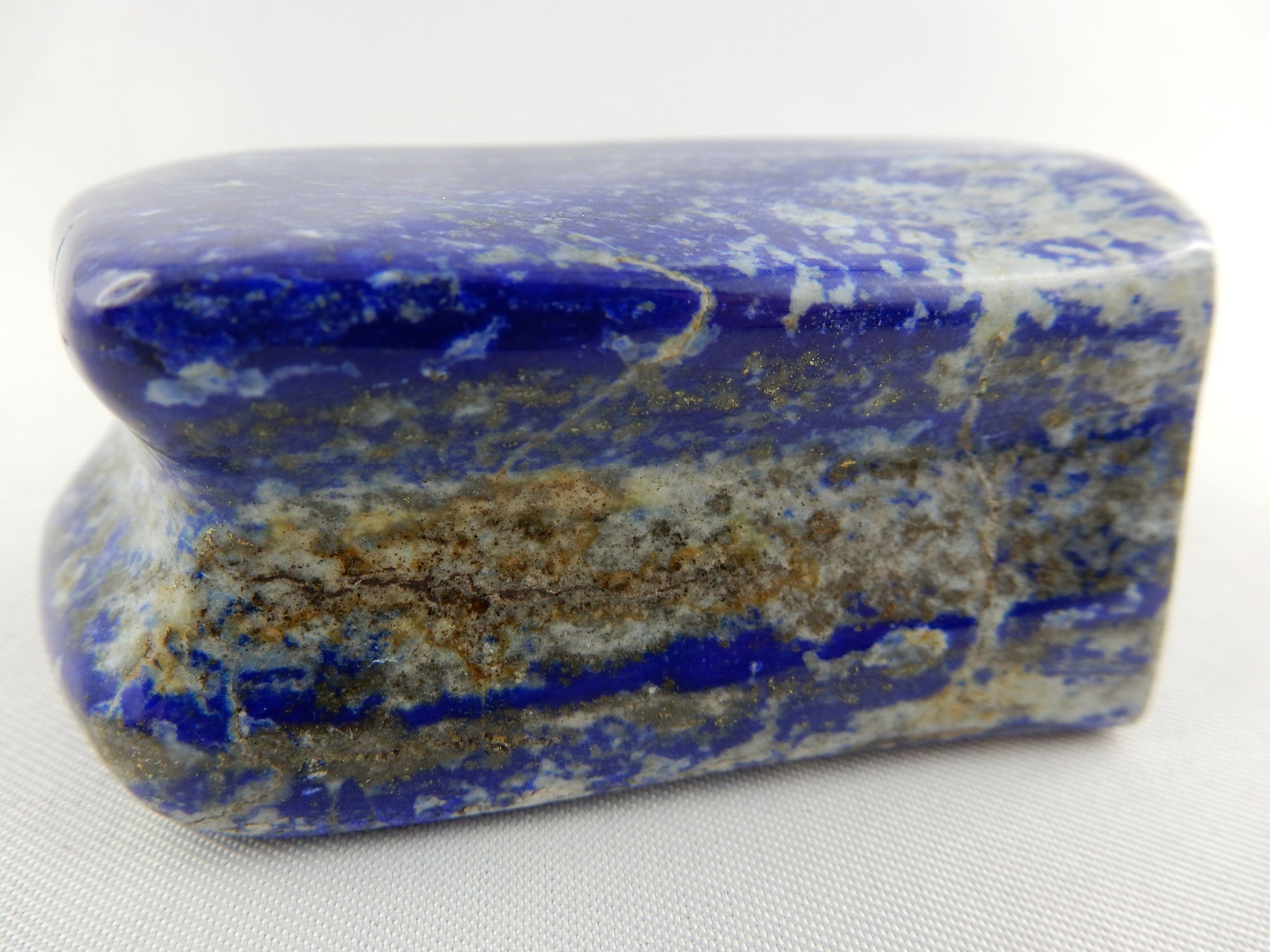 extra fine AAA+ deep blue lapis lazuli "sandwich" with golden pyrite and white calcite contrasting - excellent polish