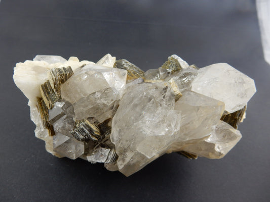 Quartz - super gemmy and showy double-terminated "tabbys" clustered with terminated feldspar and shiny muscovite books