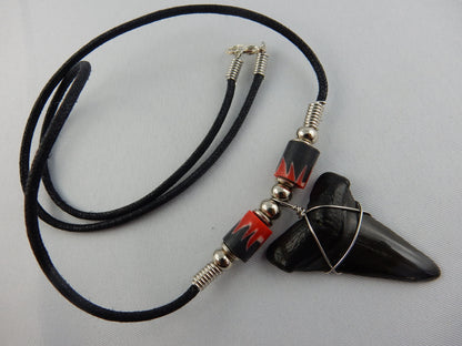 great shape complete megladon tooth ancient shark - w/"angry red" beads - 30 million years old - necklace