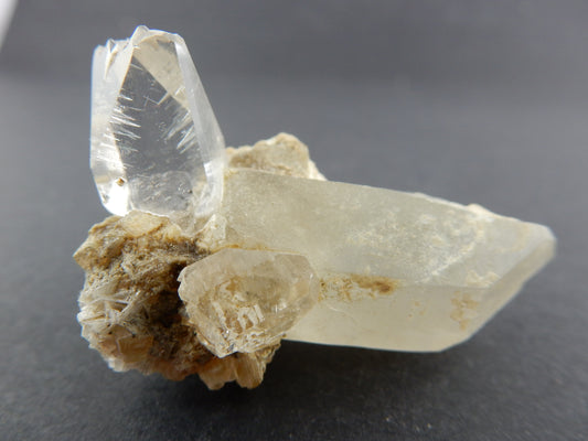 gorgeous etched-sharp terminated single gemmy complete (unheated) Topaz crystal growing off a terminated quartz base