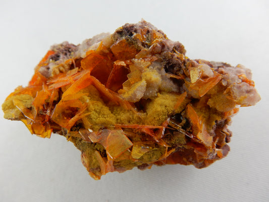 Delicate transparent blades of orange wulfenite combined with yellow Mimetite